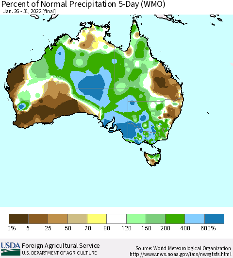 Australia Percent of Normal Precipitation 5-Day (WMO) Thematic Map For 1/26/2022 - 1/31/2022