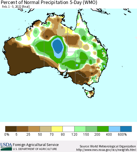 Australia Percent of Normal Precipitation 5-Day (WMO) Thematic Map For 2/1/2022 - 2/5/2022