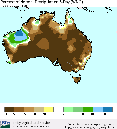Australia Percent of Normal Precipitation 5-Day (WMO) Thematic Map For 2/6/2022 - 2/10/2022
