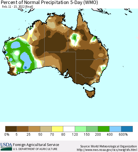 Australia Percent of Normal Precipitation 5-Day (WMO) Thematic Map For 2/11/2022 - 2/15/2022