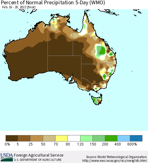 Australia Percent of Normal Precipitation 5-Day (WMO) Thematic Map For 2/16/2022 - 2/20/2022