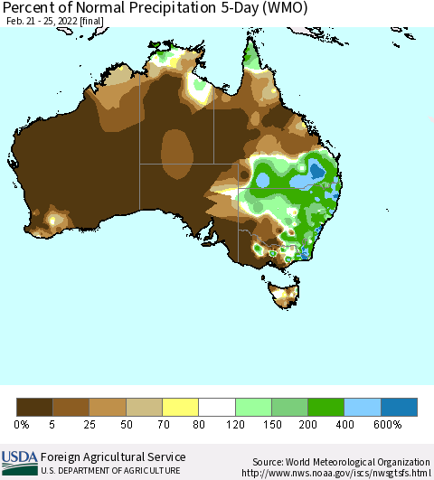 Australia Percent of Normal Precipitation 5-Day (WMO) Thematic Map For 2/21/2022 - 2/25/2022
