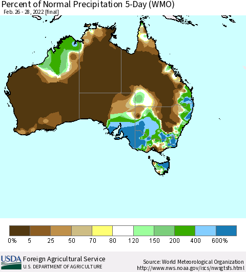 Australia Percent of Normal Precipitation 5-Day (WMO) Thematic Map For 2/26/2022 - 2/28/2022