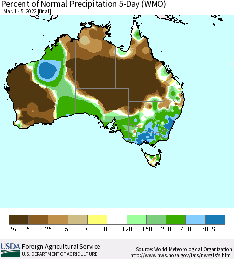 Australia Percent of Normal Precipitation 5-Day (WMO) Thematic Map For 3/1/2022 - 3/5/2022