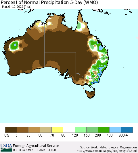 Australia Percent of Normal Precipitation 5-Day (WMO) Thematic Map For 3/6/2022 - 3/10/2022