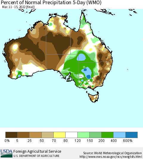 Australia Percent of Normal Precipitation 5-Day (WMO) Thematic Map For 3/11/2022 - 3/15/2022