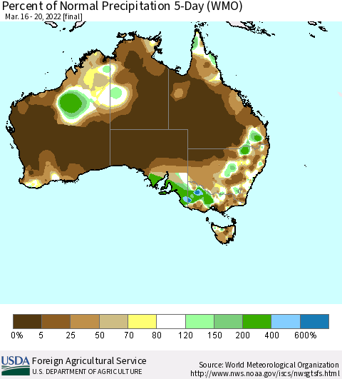 Australia Percent of Normal Precipitation 5-Day (WMO) Thematic Map For 3/16/2022 - 3/20/2022