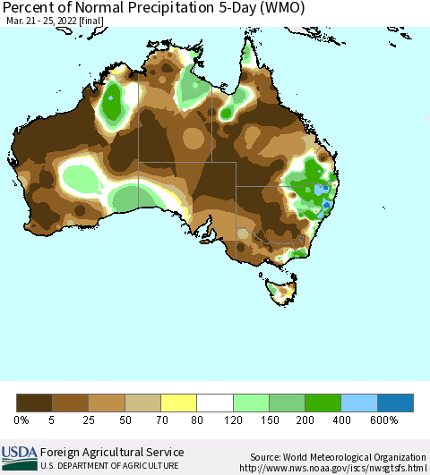 Australia Percent of Normal Precipitation 5-Day (WMO) Thematic Map For 3/21/2022 - 3/25/2022