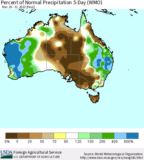 Australia Percent of Normal Precipitation 5-Day (WMO) Thematic Map For 3/26/2022 - 3/31/2022