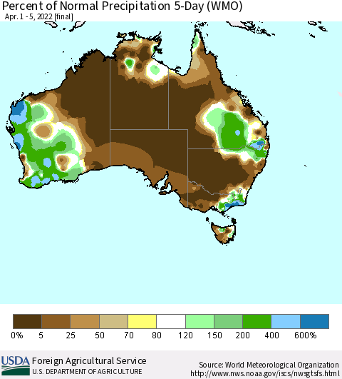 Australia Percent of Normal Precipitation 5-Day (WMO) Thematic Map For 4/1/2022 - 4/5/2022