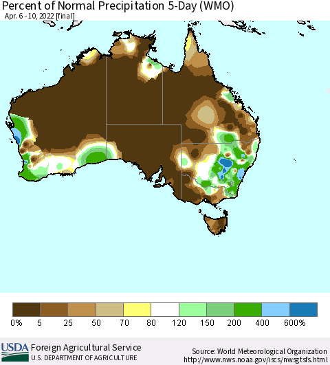Australia Percent of Normal Precipitation 5-Day (WMO) Thematic Map For 4/6/2022 - 4/10/2022