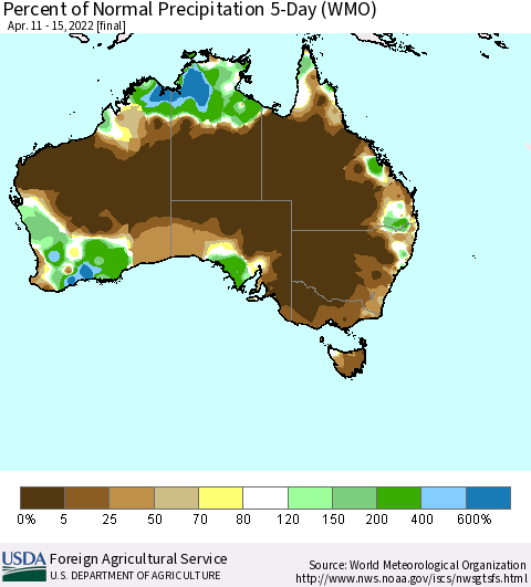Australia Percent of Normal Precipitation 5-Day (WMO) Thematic Map For 4/11/2022 - 4/15/2022