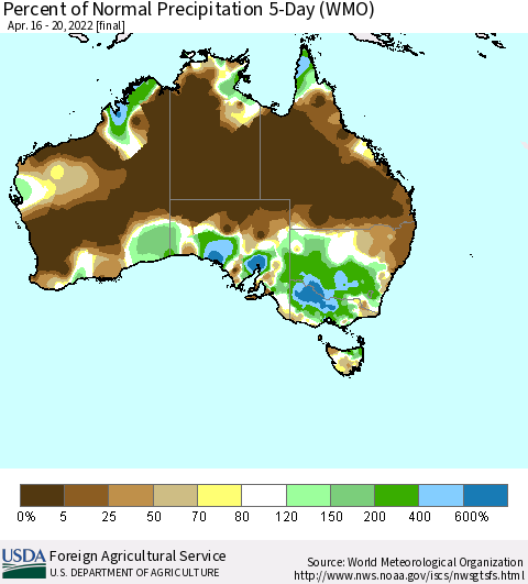 Australia Percent of Normal Precipitation 5-Day (WMO) Thematic Map For 4/16/2022 - 4/20/2022