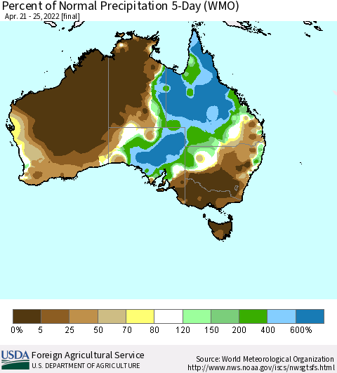 Australia Percent of Normal Precipitation 5-Day (WMO) Thematic Map For 4/21/2022 - 4/25/2022