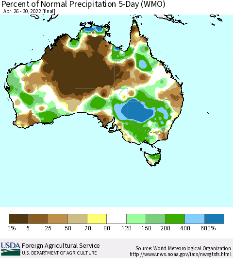 Australia Percent of Normal Precipitation 5-Day (WMO) Thematic Map For 4/26/2022 - 4/30/2022