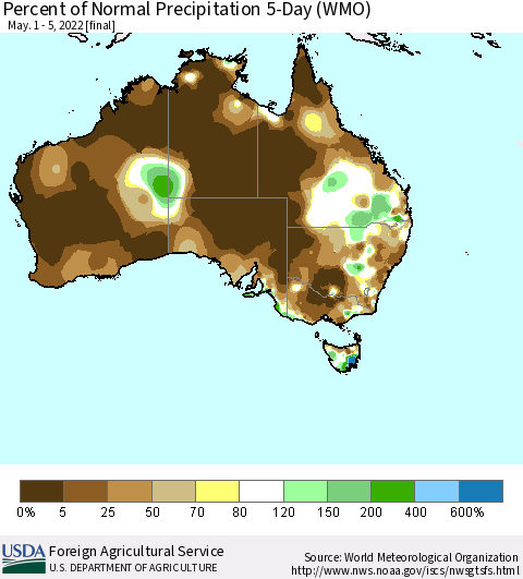 Australia Percent of Normal Precipitation 5-Day (WMO) Thematic Map For 5/1/2022 - 5/5/2022