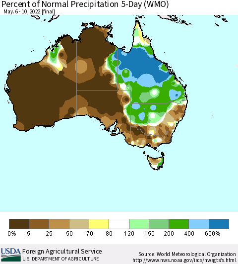 Australia Percent of Normal Precipitation 5-Day (WMO) Thematic Map For 5/6/2022 - 5/10/2022