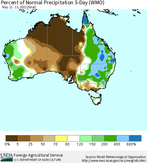 Australia Percent of Normal Precipitation 5-Day (WMO) Thematic Map For 5/11/2022 - 5/15/2022
