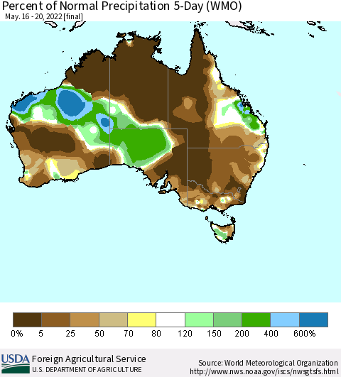 Australia Percent of Normal Precipitation 5-Day (WMO) Thematic Map For 5/16/2022 - 5/20/2022