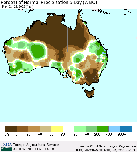 Australia Percent of Normal Precipitation 5-Day (WMO) Thematic Map For 5/21/2022 - 5/25/2022