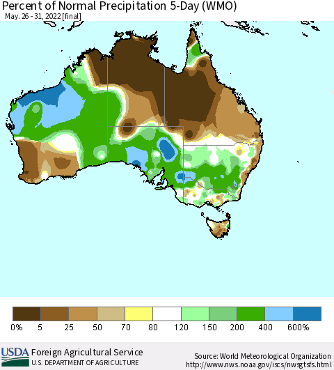 Australia Percent of Normal Precipitation 5-Day (WMO) Thematic Map For 5/26/2022 - 5/31/2022