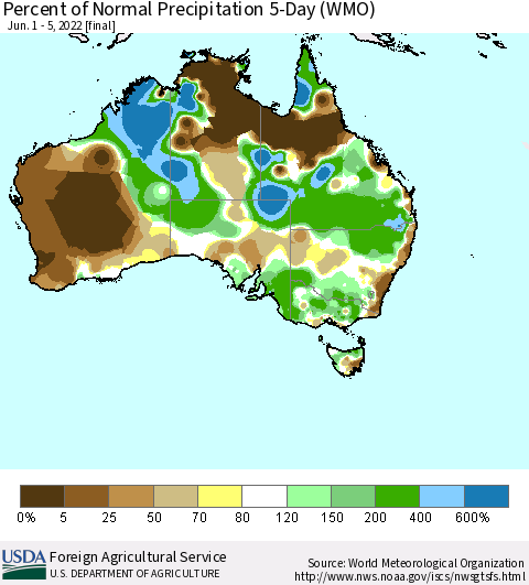 Australia Percent of Normal Precipitation 5-Day (WMO) Thematic Map For 6/1/2022 - 6/5/2022