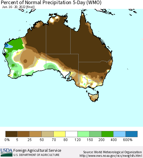 Australia Percent of Normal Precipitation 5-Day (WMO) Thematic Map For 6/16/2022 - 6/20/2022