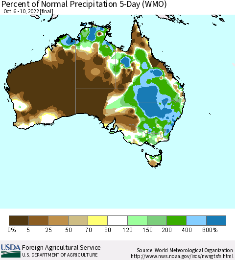 Australia Percent of Normal Precipitation 5-Day (WMO) Thematic Map For 10/6/2022 - 10/10/2022