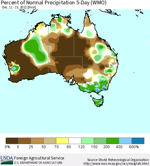 Australia Percent of Normal Precipitation 5-Day (WMO) Thematic Map For 12/11/2022 - 12/15/2022