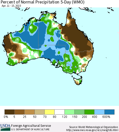 Australia Percent of Normal Precipitation 5-Day (WMO) Thematic Map For 4/11/2023 - 4/15/2023