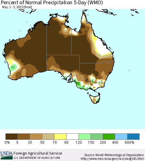 Australia Percent of Normal Precipitation 5-Day (WMO) Thematic Map For 5/1/2023 - 5/5/2023