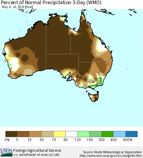 Australia Percent of Normal Precipitation 5-Day (WMO) Thematic Map For 5/6/2023 - 5/10/2023