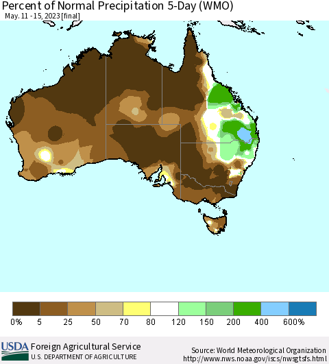 Australia Percent of Normal Precipitation 5-Day (WMO) Thematic Map For 5/11/2023 - 5/15/2023