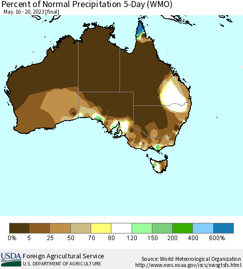 Australia Percent of Normal Precipitation 5-Day (WMO) Thematic Map For 5/16/2023 - 5/20/2023