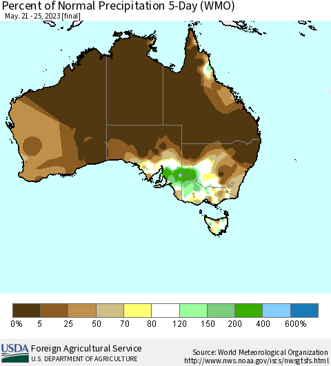 Australia Percent of Normal Precipitation 5-Day (WMO) Thematic Map For 5/21/2023 - 5/25/2023