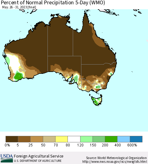 Australia Percent of Normal Precipitation 5-Day (WMO) Thematic Map For 5/26/2023 - 5/31/2023