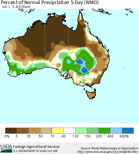 Australia Percent of Normal Precipitation 5-Day (WMO) Thematic Map For 6/1/2023 - 6/5/2023