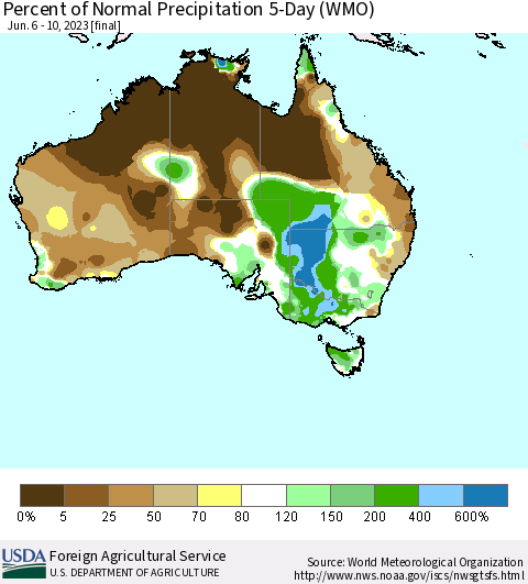 Australia Percent of Normal Precipitation 5-Day (WMO) Thematic Map For 6/6/2023 - 6/10/2023