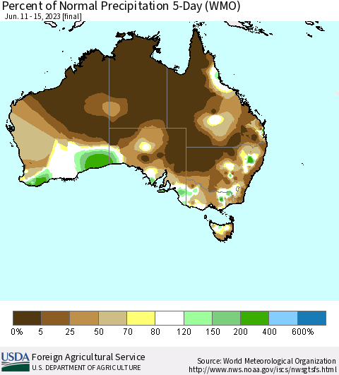 Australia Percent of Normal Precipitation 5-Day (WMO) Thematic Map For 6/11/2023 - 6/15/2023