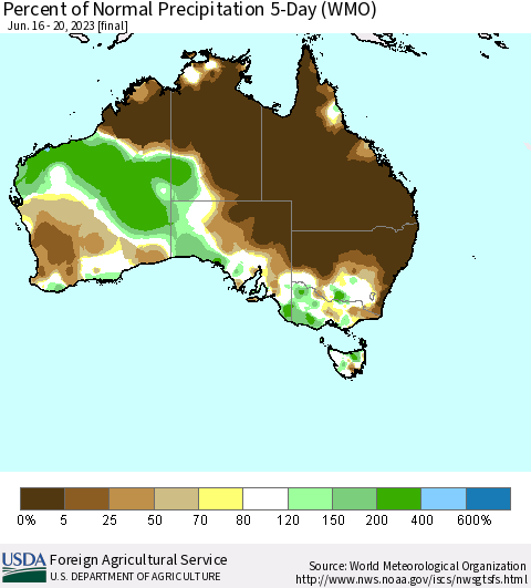 Australia Percent of Normal Precipitation 5-Day (WMO) Thematic Map For 6/16/2023 - 6/20/2023