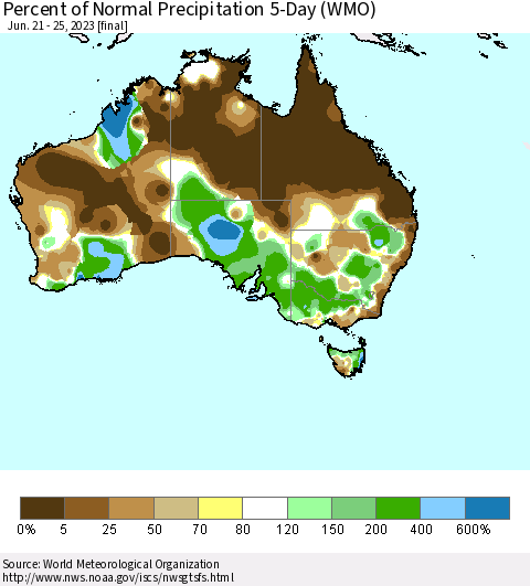Australia Percent of Normal Precipitation 5-Day (WMO) Thematic Map For 6/21/2023 - 6/25/2023