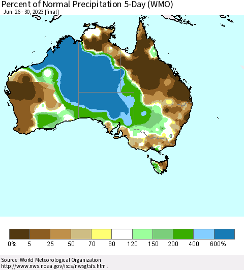 Australia Percent of Normal Precipitation 5-Day (WMO) Thematic Map For 6/26/2023 - 6/30/2023