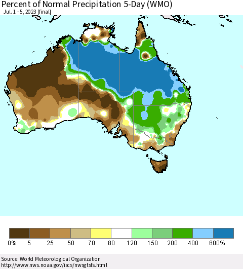 Australia Percent of Normal Precipitation 5-Day (WMO) Thematic Map For 7/1/2023 - 7/5/2023