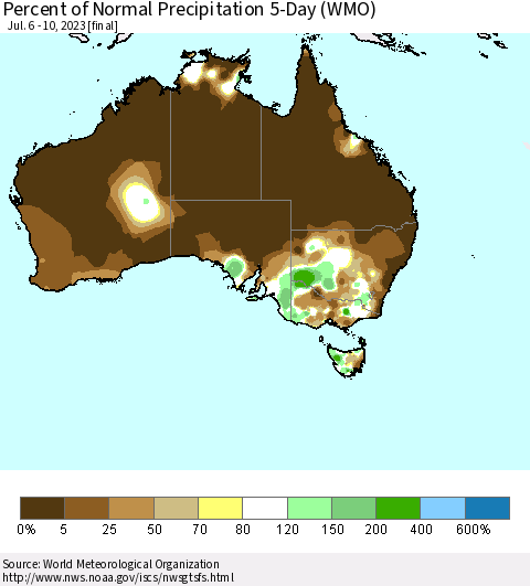 Australia Percent of Normal Precipitation 5-Day (WMO) Thematic Map For 7/6/2023 - 7/10/2023