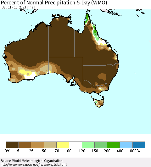 Australia Percent of Normal Precipitation 5-Day (WMO) Thematic Map For 7/11/2023 - 7/15/2023