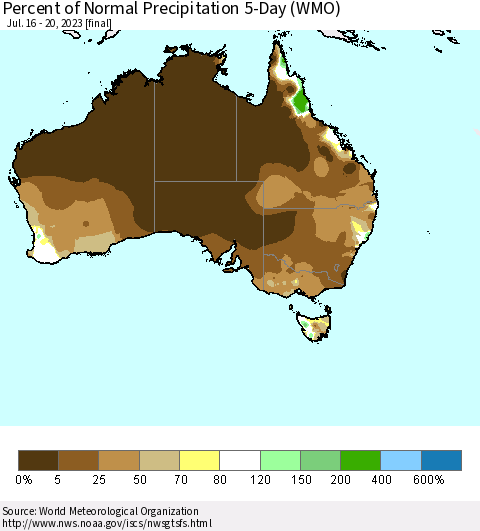 Australia Percent of Normal Precipitation 5-Day (WMO) Thematic Map For 7/16/2023 - 7/20/2023