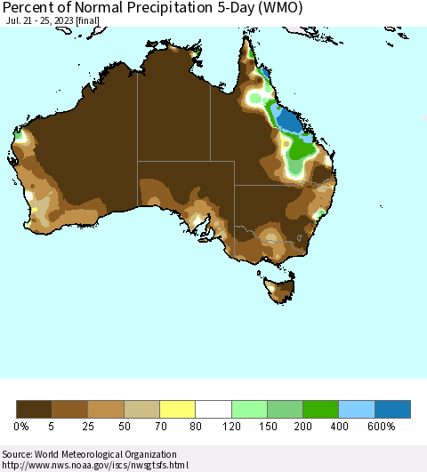 Australia Percent of Normal Precipitation 5-Day (WMO) Thematic Map For 7/21/2023 - 7/25/2023