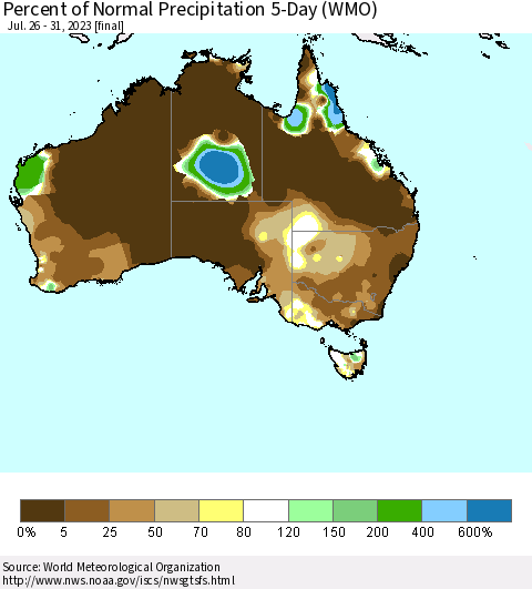 Australia Percent of Normal Precipitation 5-Day (WMO) Thematic Map For 7/26/2023 - 7/31/2023