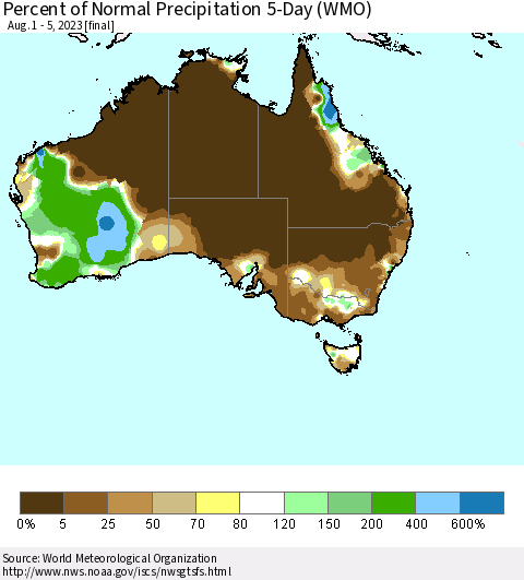 Australia Percent of Normal Precipitation 5-Day (WMO) Thematic Map For 8/1/2023 - 8/5/2023