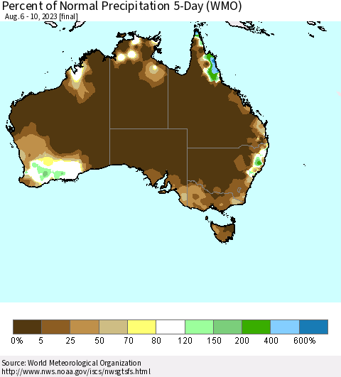 Australia Percent of Normal Precipitation 5-Day (WMO) Thematic Map For 8/6/2023 - 8/10/2023